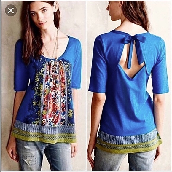 Anthropologie Tops - ANTHROPOLOGIE AKEMI + KIN Women’s Blue Floral Print Bow Tie Knit Top XS